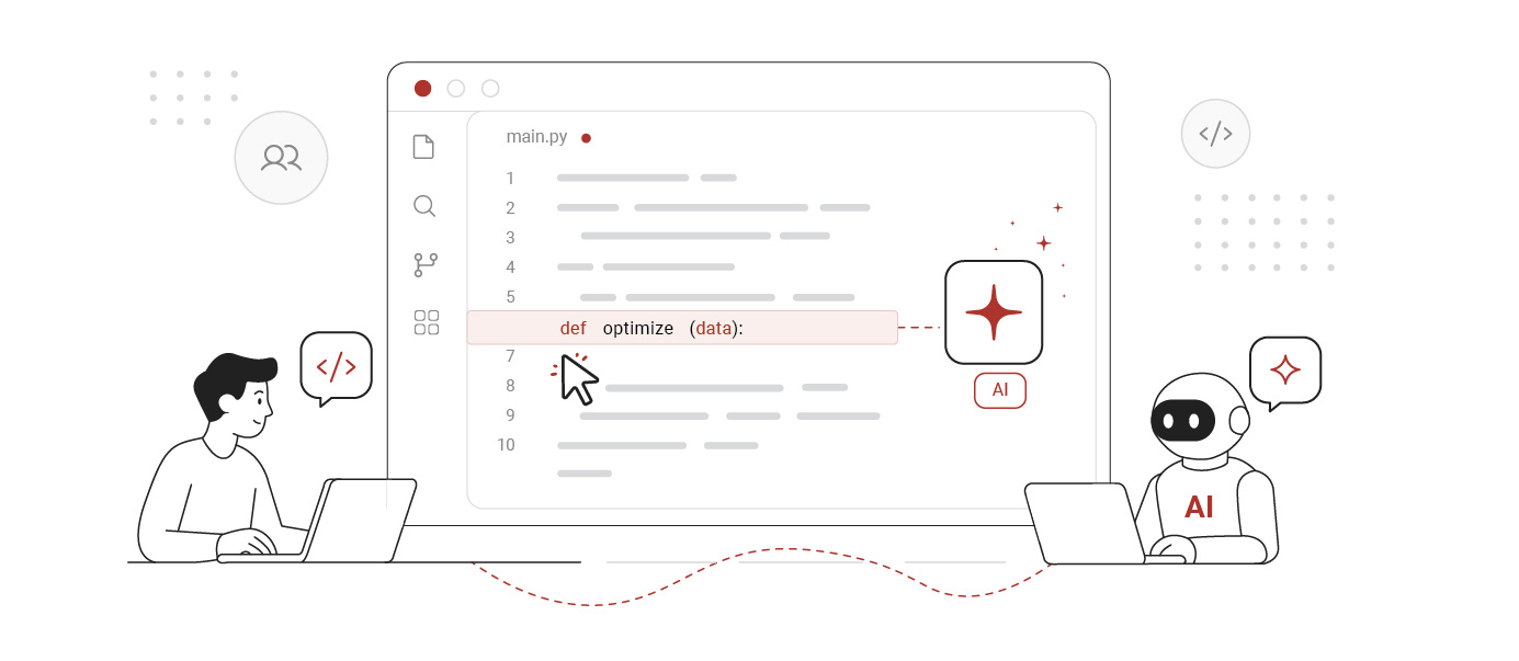 Illustratie van een ontwikkelaar en AI-assistent bij codeoptimalisatie.